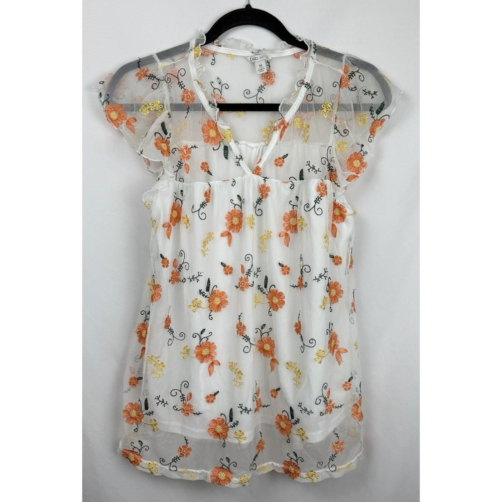 Cato Floral Embroidered Mesh Overlay Top Blouse Flutter Sleeve Size M Dainty EUC